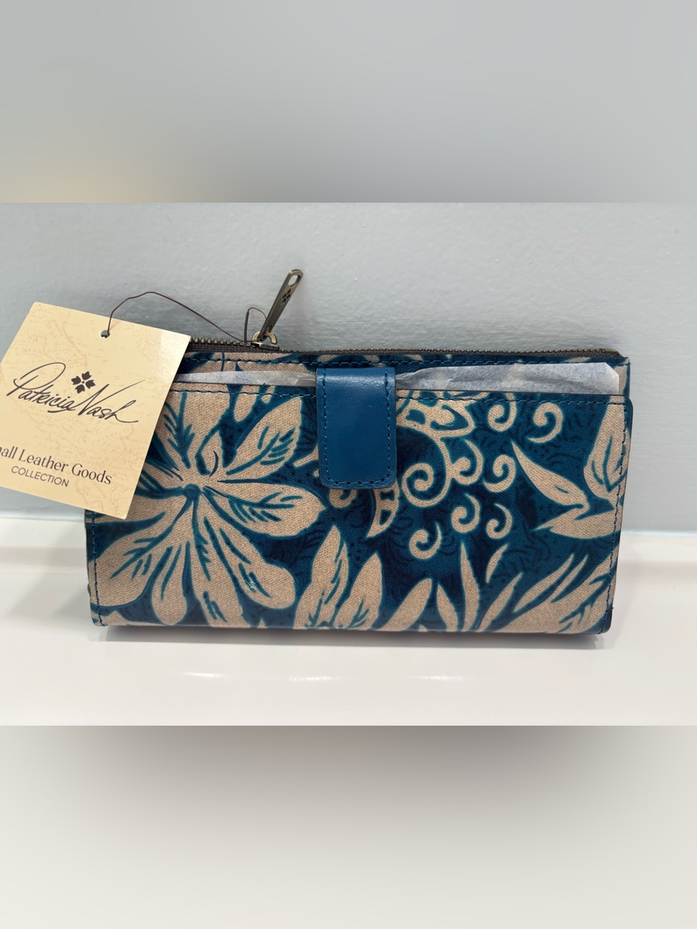 Patricia Nash Teal and Cream Greek Floral Zip Wallet